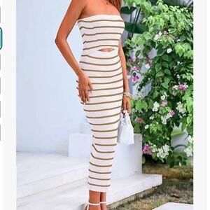 BRAND NEW Striped Bodycon Dress Tan & White Fitted Knit Tube Dress - Size Small
